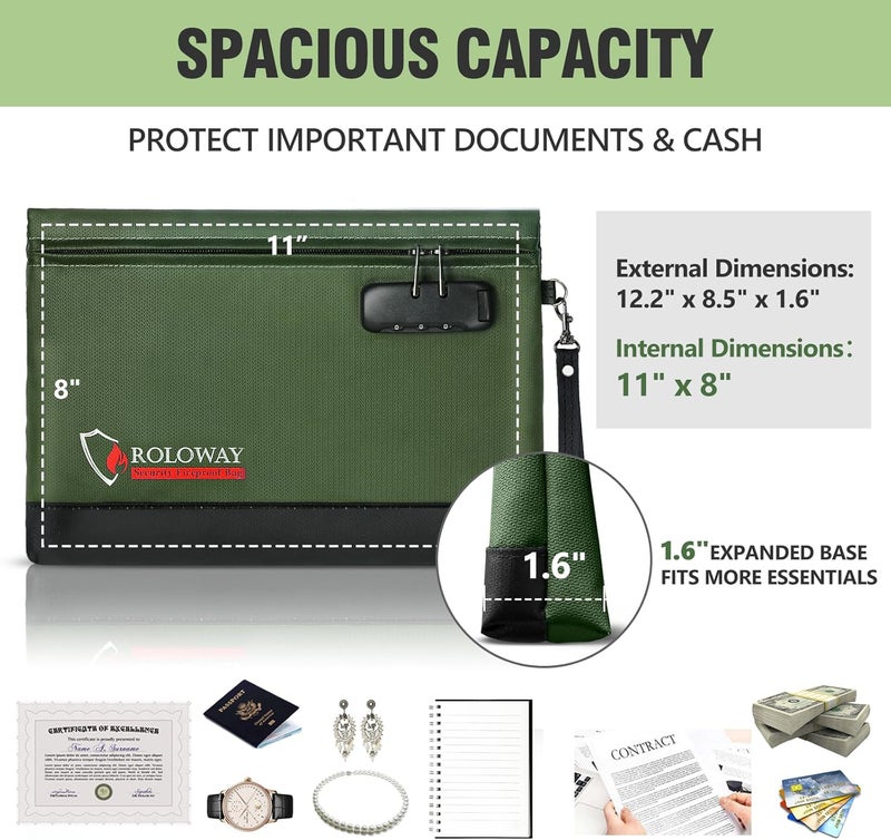 ROLOWAY Fireproof Money Bag with Lock for Cash, 6400°F Fire Proof Document Bag (12.2 x 8.5 x 1.6 inches), Money Pouch with Zipper (Green) - Image 2